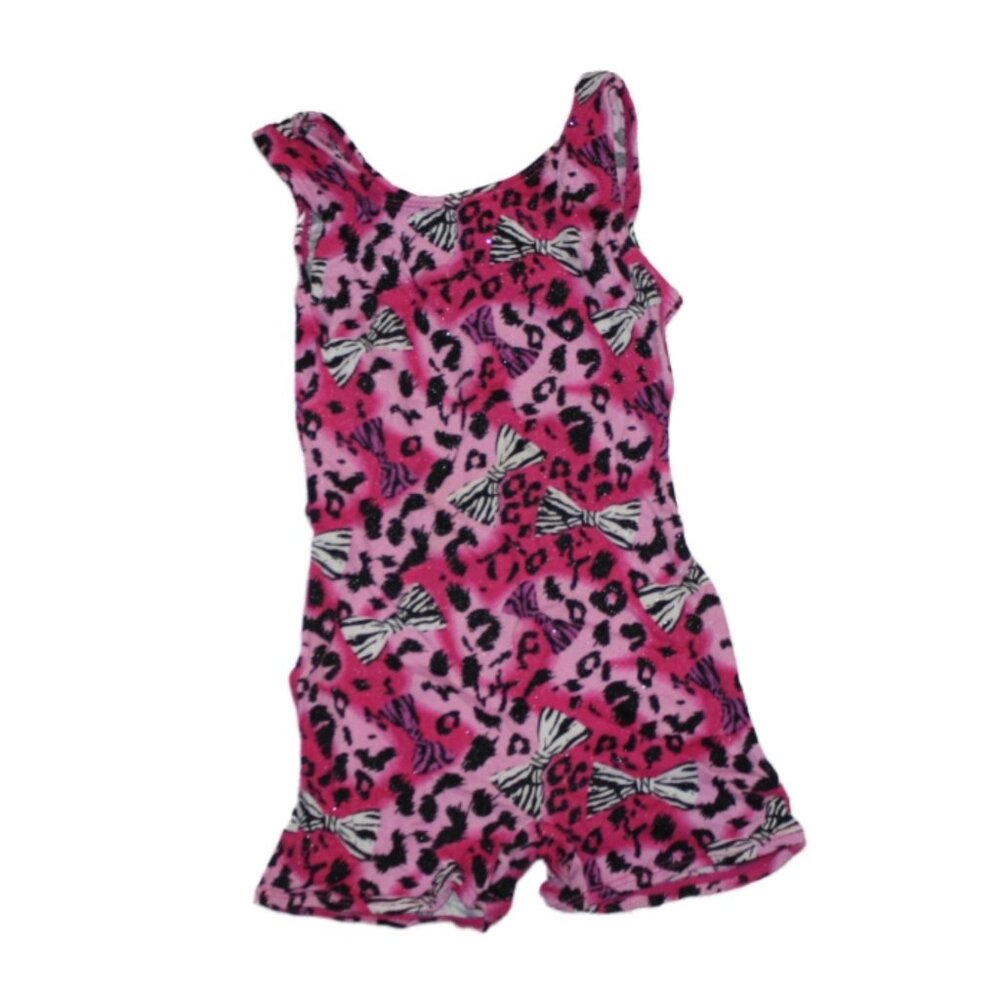 Girl Jacques Morét Pink Sparkle Zebra Cheetah Bow Print Biketard Size 4/5 XS